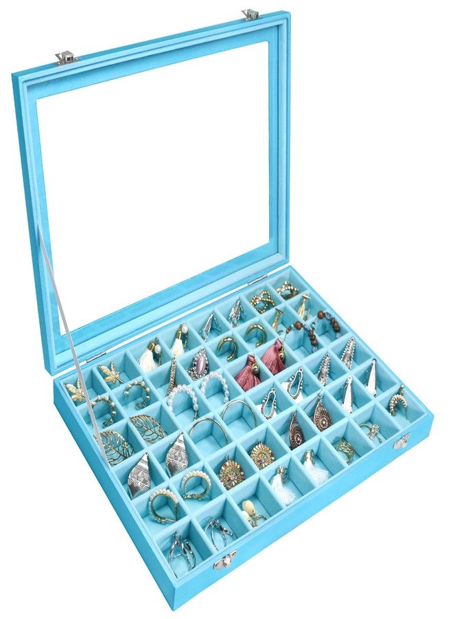 Siveit صندوق تنظيم المجوهرات من سيفيت، صندوق عرض مجوهرات بـ 48 خانة مع غطاء شفاف، مناسب للخواتم والأقراط والقلائد والمعلقات، مناسب للنساء والفتيات (48 خانة، أزرق سماوي) - Image 1