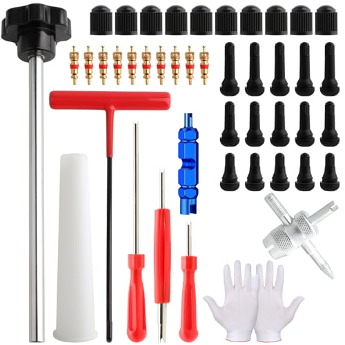 ZHSMS 45 PCS Valve Stem Core Removal Replacement Tool Kit, Tire Valve Stem Removal Tool and TR412, TR413, TR414 Tire Snap in Short Rubber Valve Stem, 4 Way Valve Core Remover - Image 1