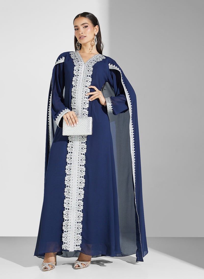 hayas closet Embroidered Navy Abaya Dress - Image 1