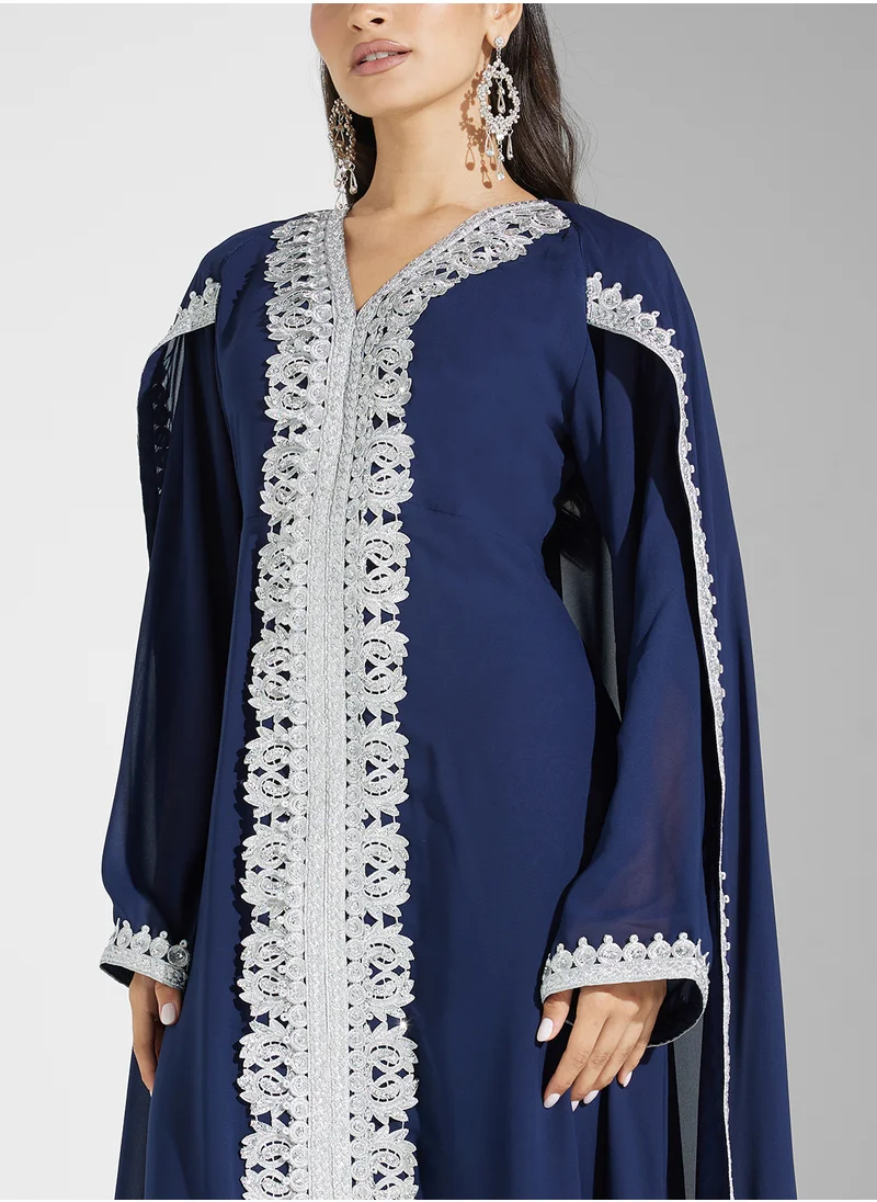 hayas closet Embroidered Navy Abaya Dress