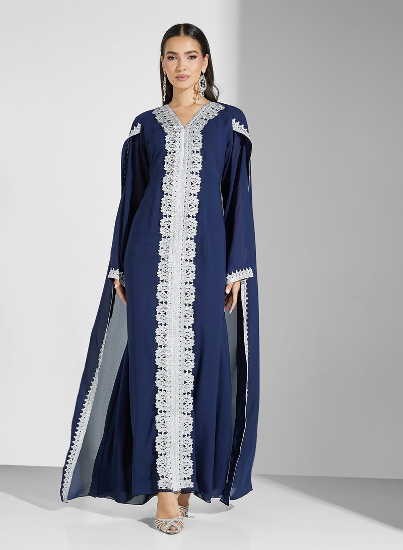 hayas closet Embroidered Navy Abaya Dress - Image 4
