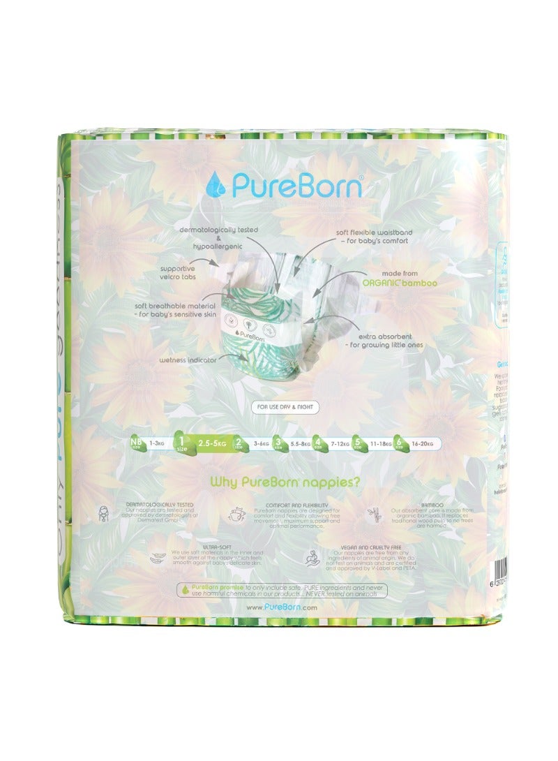 PureBorn حفاضات أطفال عضوية على شكل شريط حجم-1 حتى 5 كجم بطبعة عباد الشمس - Image 2