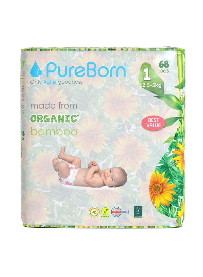 PureBorn حفاضات أطفال عضوية على شكل شريط حجم-1 حتى 5 كجم بطبعة عباد الشمس - Image 1