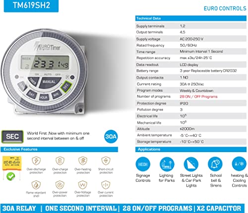 EuroControls TM619SH-2 30 amps Digital programmable Timer Switch 4pin - 28 on/Off Programs - Speciality Min 1 Second Interval - Countdown/Weekly/Daily - Image 2