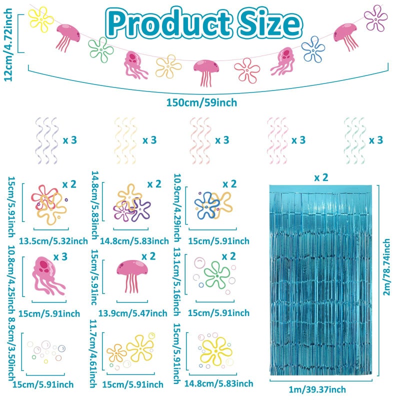 Cogniplay Yellow Cartoon Party Decorations with Fringe Curtains Jellyfish Flowers Party Banner Backdrop Supplies Under the Sea Hanging Swirls Party Decor for Kids Baby Shower Ocean Theme Photo Props Background - Image 2