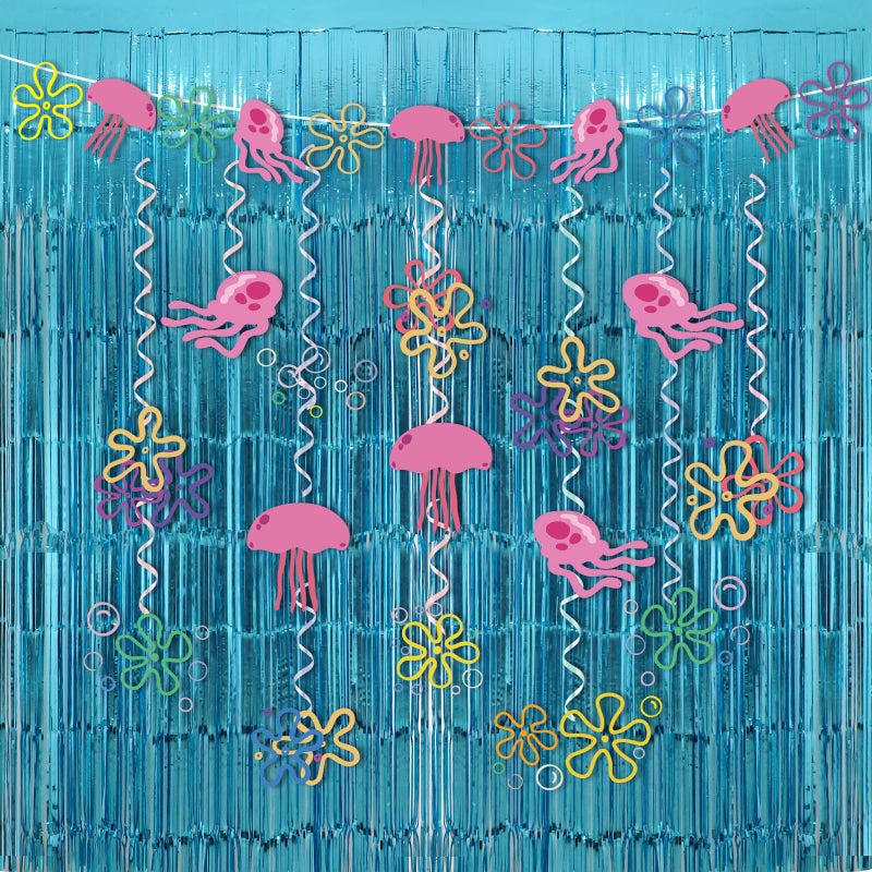 Cogniplay Yellow Cartoon Party Decorations with Fringe Curtains Jellyfish Flowers Party Banner Backdrop Supplies Under the Sea Hanging Swirls Party Decor for Kids Baby Shower Ocean Theme Photo Props Background - Image 1