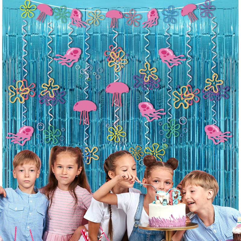 Cogniplay Yellow Cartoon Party Decorations with Fringe Curtains Jellyfish Flowers Party Banner Backdrop Supplies Under the Sea Hanging Swirls Party Decor for Kids Baby Shower Ocean Theme Photo Props Background - Image 4