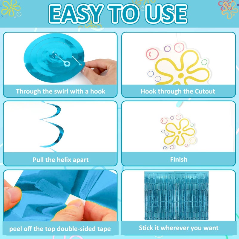 Cogniplay Yellow Cartoon Party Decorations with Fringe Curtains Jellyfish Flowers Party Banner Backdrop Supplies Under the Sea Hanging Swirls Party Decor for Kids Baby Shower Ocean Theme Photo Props Background - Image 3