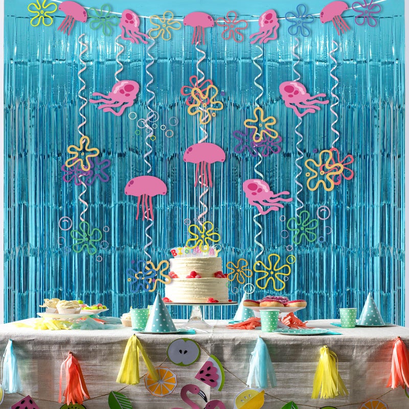 Cogniplay Yellow Cartoon Party Decorations with Fringe Curtains Jellyfish Flowers Party Banner Backdrop Supplies Under the Sea Hanging Swirls Party Decor for Kids Baby Shower Ocean Theme Photo Props Background - Image 5