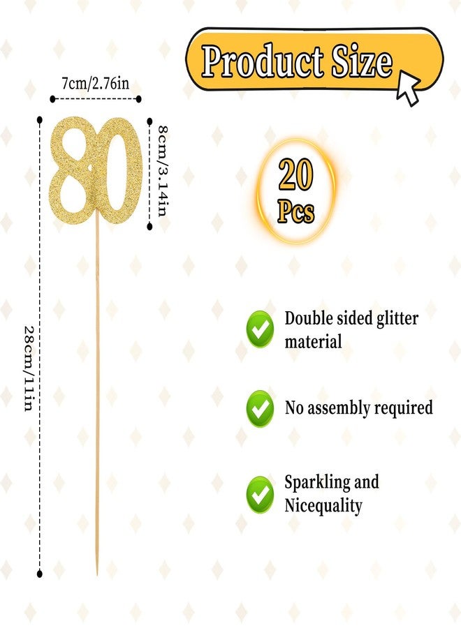 Hariendny 20 PCS 80th Birthday Decorations, Double Sided Glitter 80th Birthday Centerpiece Sticks, Gold Cake Vase Table Decoration Stick, 80th Birthday Cupcake Toppers, 80th Birthday Party Stuff - Image 2