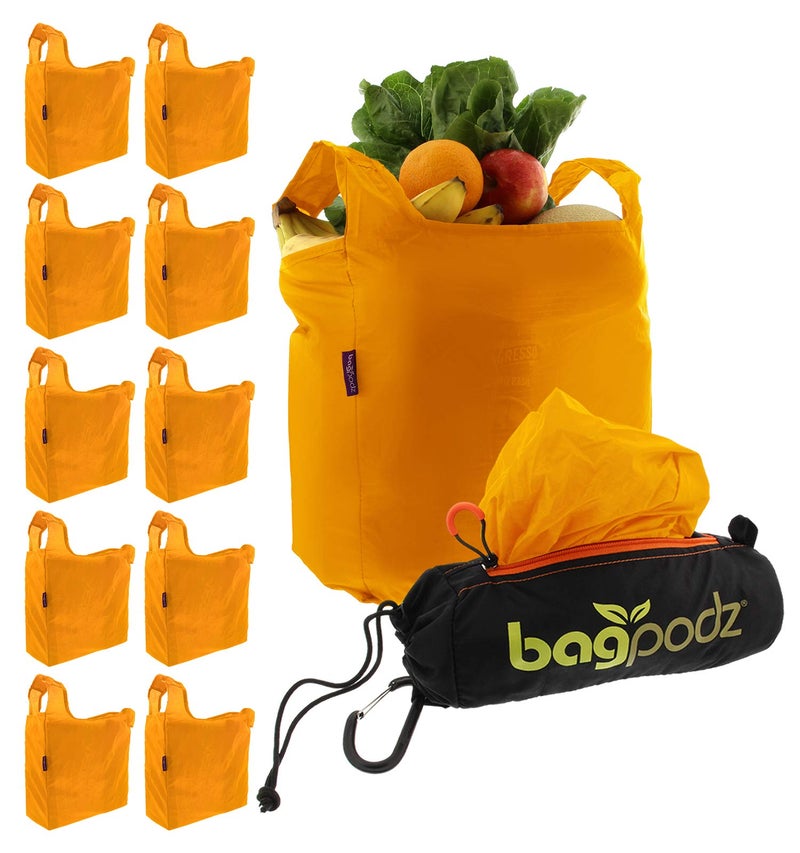bagpodz Sturdy Reusable Grocery Bags Foldable and Washable - Made From RipStop Nylon Hold 50lbs - Designed in USA Reusable Shopping Bags Inside a Compact Pod with Carry Clip - 10 Pack in Orange  - Image 1