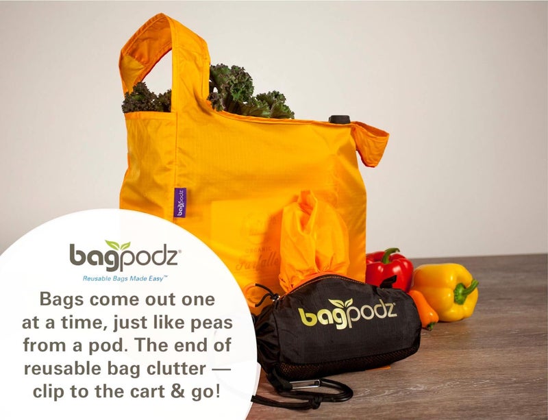 bagpodz Sturdy Reusable Grocery Bags Foldable and Washable - Made From RipStop Nylon Hold 50lbs - Designed in USA Reusable Shopping Bags Inside a Compact Pod with Carry Clip - 10 Pack in Orange  - Image 2