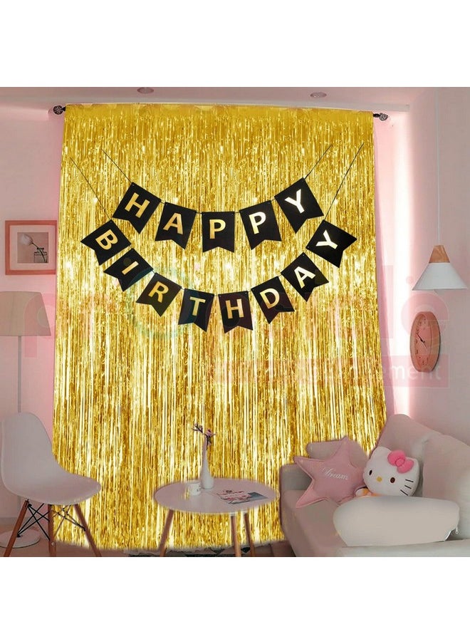 Propsicle - Propsicle 2 Pcs 3ftx6ft Golden Metallic Tinsel Fringe Curtains Shimmer Backdrop & Black Happy Birthday Banner For Girl Boy Birthday Party Decoration Black Golden Theme Decoration - Pack of 3 - Image 1