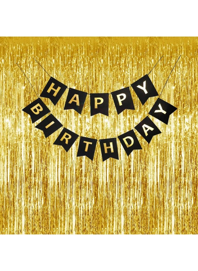 Propsicle - Propsicle 2 Pcs 3ftx6ft Golden Metallic Tinsel Fringe Curtains Shimmer Backdrop & Black Happy Birthday Banner For Girl Boy Birthday Party Decoration Black Golden Theme Decoration - Pack of 3 - Image 1