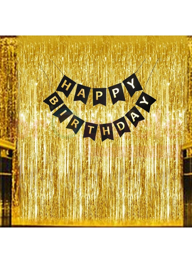 Propsicle - Propsicle 2 Pcs 3ftx6ft Golden Metallic Tinsel Fringe Curtains Shimmer Backdrop & Black Happy Birthday Banner For Girl Boy Birthday Party Decoration Black Golden Theme Decoration - Pack of 3 - Image 1