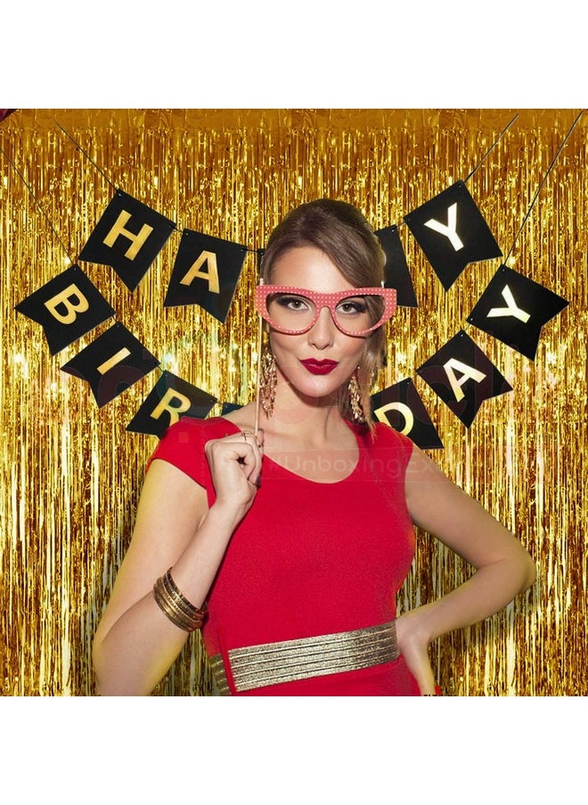 Propsicle - Propsicle 2 Pcs 3ftx6ft Golden Metallic Tinsel Fringe Curtains Shimmer Backdrop & Black Happy Birthday Banner For Girl Boy Birthday Party Decoration Black Golden Theme Decoration - Pack of 3 - Image 1