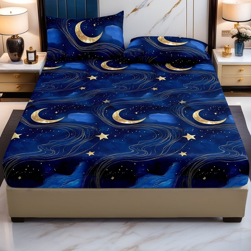 A 3pcs Bedding Set in Dream Star Moon Blue Includes 2 Pillowcases and 1 King Fitted Sheet for Spring and Summer Double Queen King Size Beds - Image 5