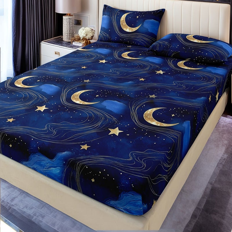A 3pcs Bedding Set in Dream Star Moon Blue Includes 2 Pillowcases and 1 King Fitted Sheet for Spring and Summer Double Queen King Size Beds - Image 4