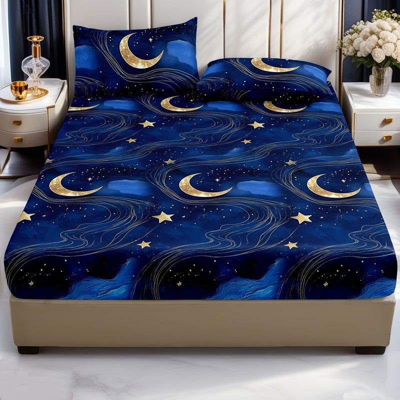 A 3pcs Bedding Set in Dream Star Moon Blue Includes 2 Pillowcases and 1 King Fitted Sheet for Spring and Summer Double Queen King Size Beds - Image 2