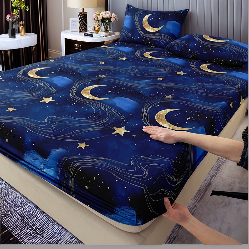 A 3pcs Bedding Set in Dream Star Moon Blue Includes 2 Pillowcases and 1 King Fitted Sheet for Spring and Summer Double Queen King Size Beds - Image 1