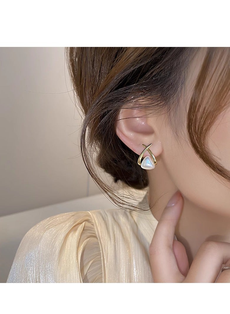 Women’s Gold‑Tone Criss‑Cross Triangle Pearl Earrings, Ideal for Weddings, Eid Celebrations, Office Wear, Casual & Evening Events - Image 1