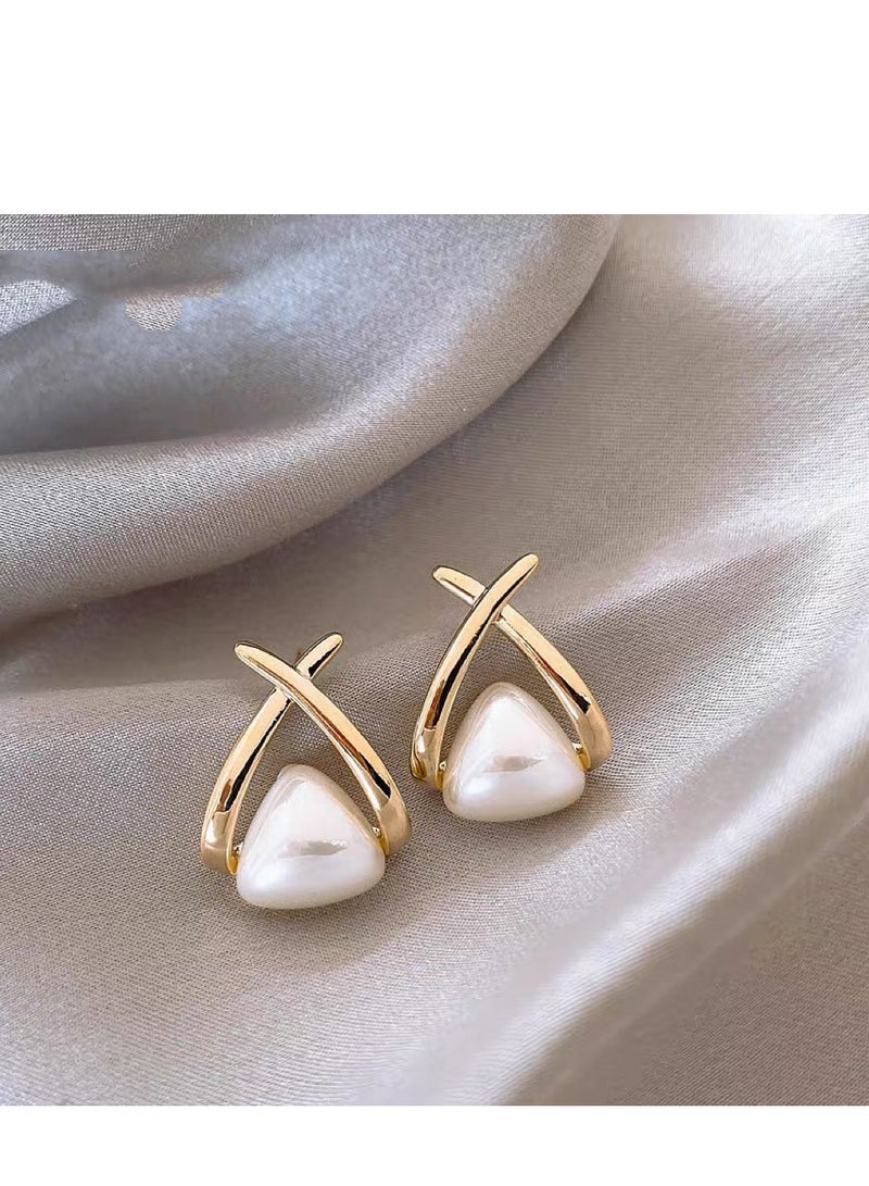 Women’s Gold‑Tone Criss‑Cross Triangle Pearl Earrings, Ideal for Weddings, Eid Celebrations, Office Wear, Casual & Evening Events - Image 2