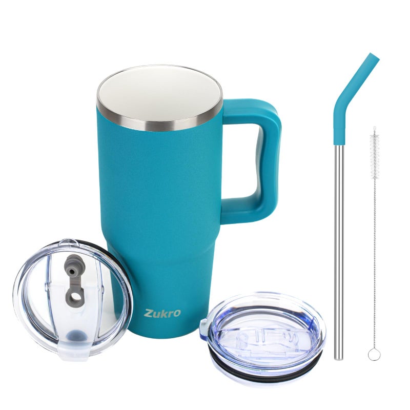 Zukro 24 oz Ceramic Lined Tumbler with Handle and Straw, No Metal Taste, Insulated Stainless Steel Coffee Mug with Spill Proof Lids for Home/Office, No Sweat, Keep Drinks Hot or Cold, Teal - Image 1