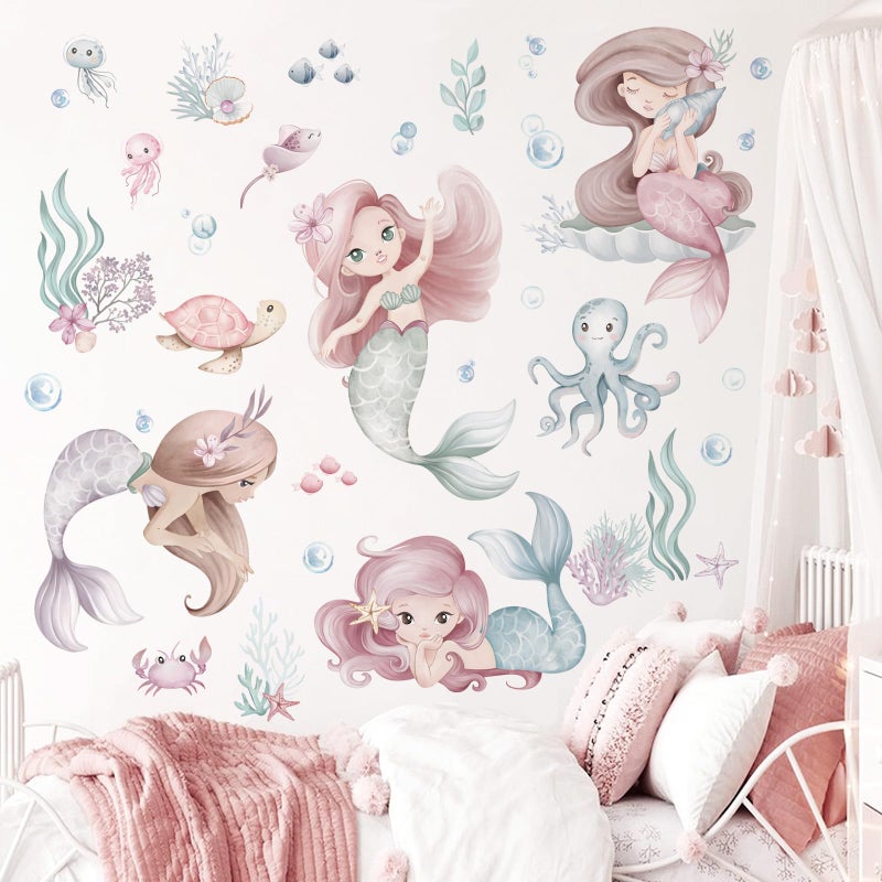nuliie wondever Under The Sea Mermaid Wall Stickers Ocean Theme Turtle Seaweed Peel and Stick Wall Art Decals for Baby Nursery Girls Bedroom Bathroom - Image 1