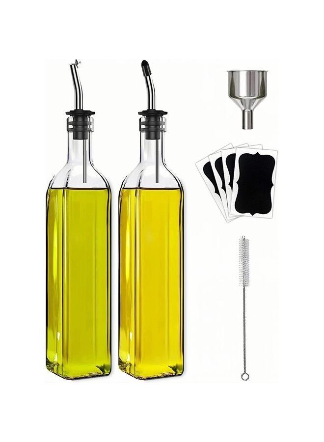 LAMAY Olive Oil Dispenser Bottle, 2 Pcs Clear Glass Vinegar Dispenser Set with 2 Stainless Steel Pourers, 4 Labels,1 Brush and 1 Funnel Oil Bottles for Kitchen (500ml) - Image 1
