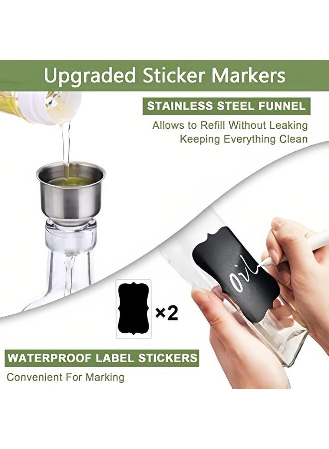 LAMAY Olive Oil Dispenser Bottle, 2 Pcs Clear Glass Vinegar Dispenser Set with 2 Stainless Steel Pourers, 4 Labels,1 Brush and 1 Funnel Oil Bottles for Kitchen (500ml) - Image 2