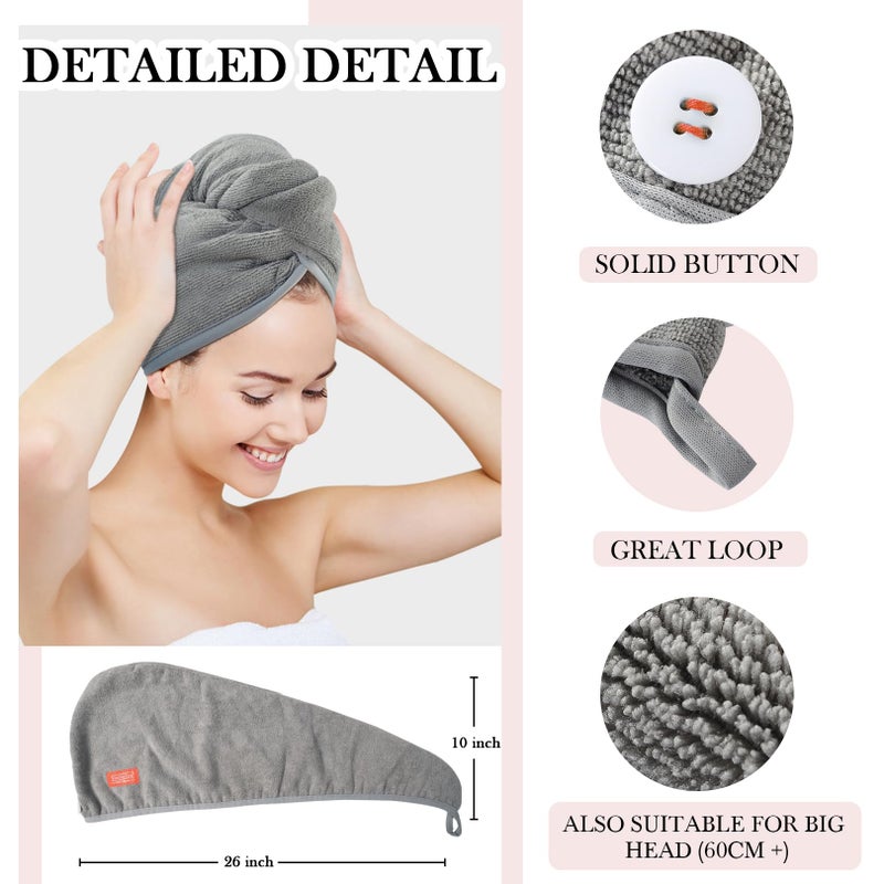 YoulerTex Ultra Plush Microfiber Hair Towel Wrap for Women, 2 Pack 10 inch X 26inch Purple, Ultra Absorbent Twist Hair Turban Drying Cap Hair Wrap, for Drying Curly, Long & Thick Hair (02 Gray) - Image 3