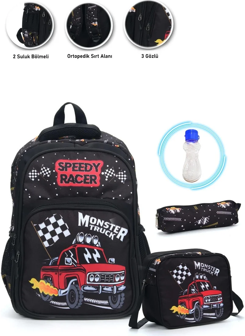 Masho Trend Monster Truck School Bag + Lunch Box + Pencil Case + Water Bottle Trolley Bag Primary School Bag Backpack