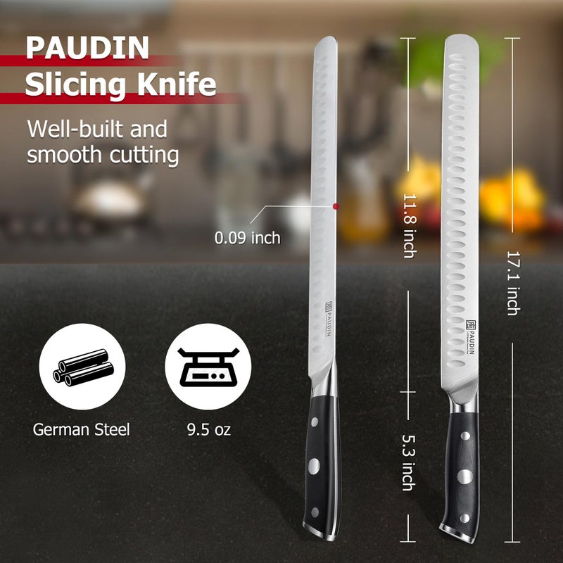PAUDIN Carving Knife, 12 Inch Brisket Knife, Premium Slicing Knives with Granton Blade for Cutting Smoked Brisket, BBQ Meat, Turkey - Ergonomic G10 Handle - Image 5