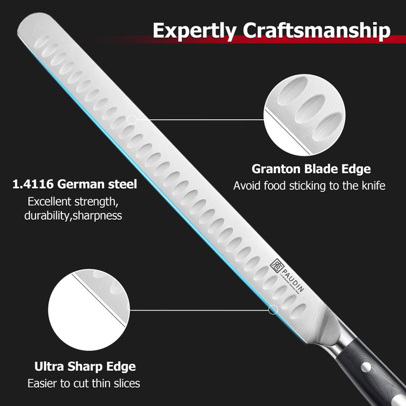 PAUDIN Carving Knife, 12 Inch Brisket Knife, Premium Slicing Knives with Granton Blade for Cutting Smoked Brisket, BBQ Meat, Turkey - Ergonomic G10 Handle - Image 4
