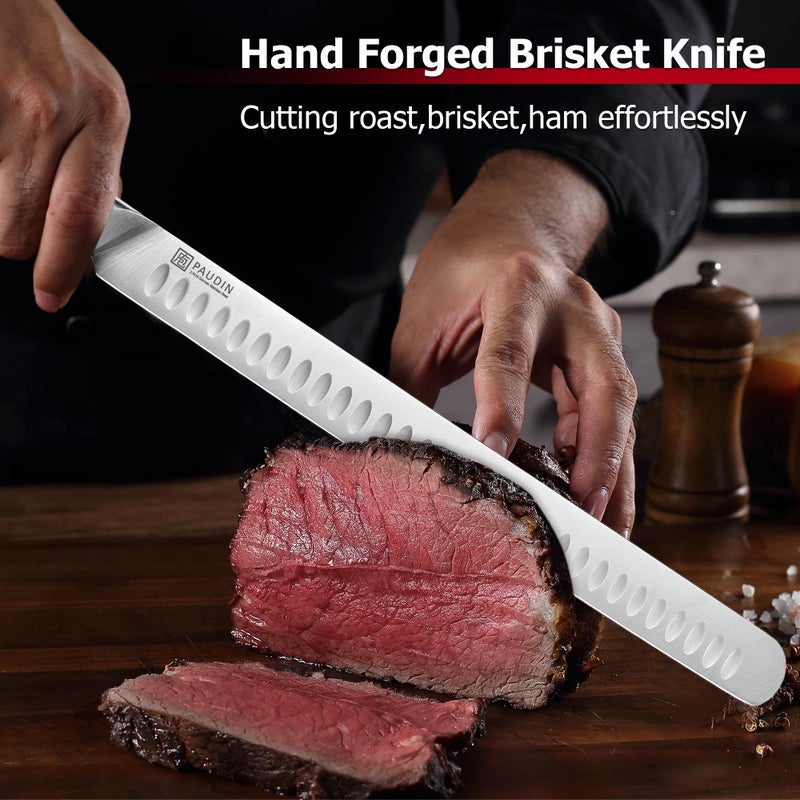 PAUDIN Carving Knife, 12 Inch Brisket Knife, Premium Slicing Knives with Granton Blade for Cutting Smoked Brisket, BBQ Meat, Turkey - Ergonomic G10 Handle - Image 2