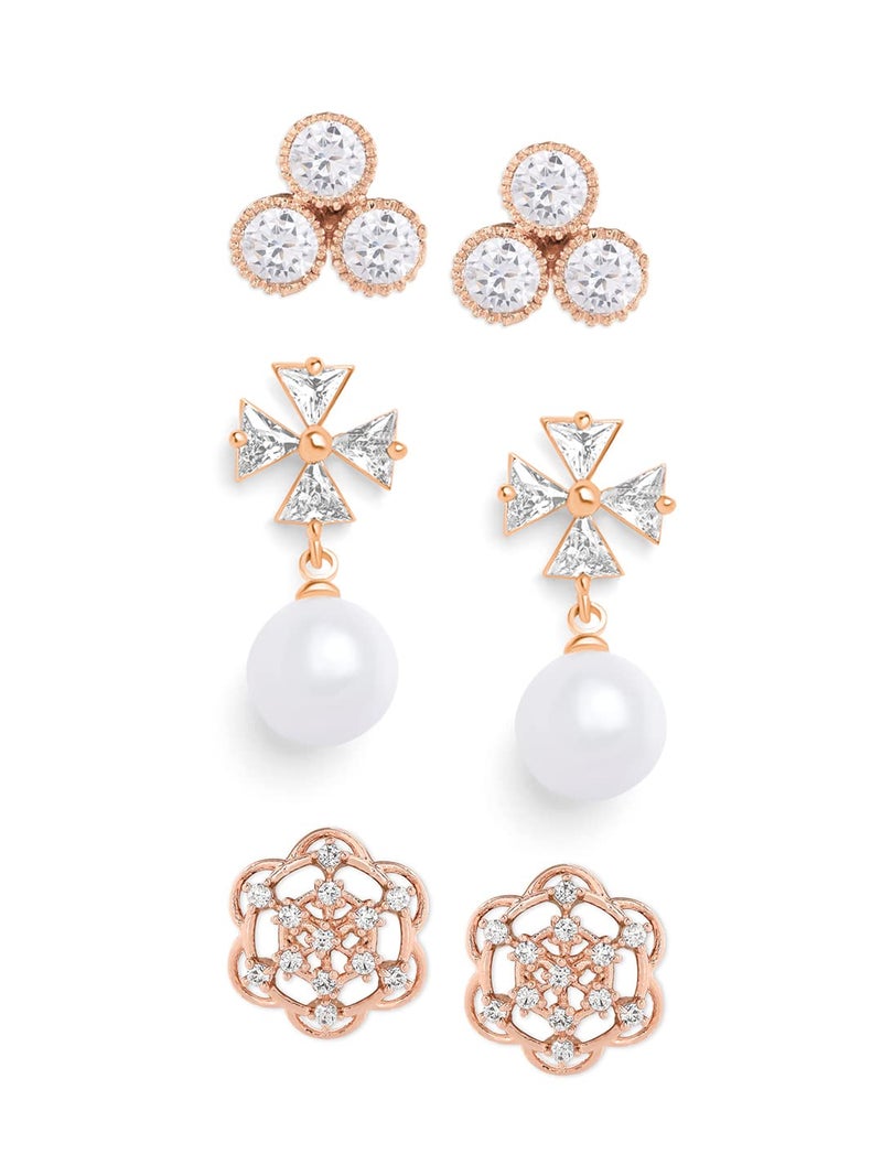 Zaveri Pearls Set of 3 Rose Gold Cubic Zirconia Contemporary Stud Earrings For Women-ZPFK13444 - Image 1