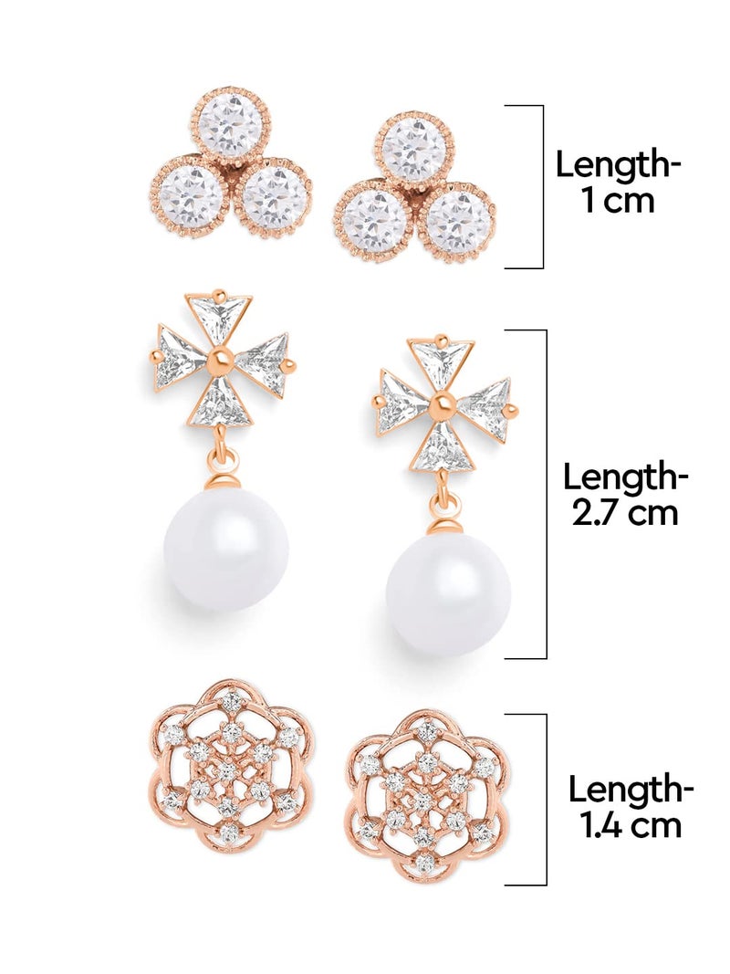 Zaveri Pearls Set of 3 Rose Gold Cubic Zirconia Contemporary Stud Earrings For Women-ZPFK13444 - Image 5
