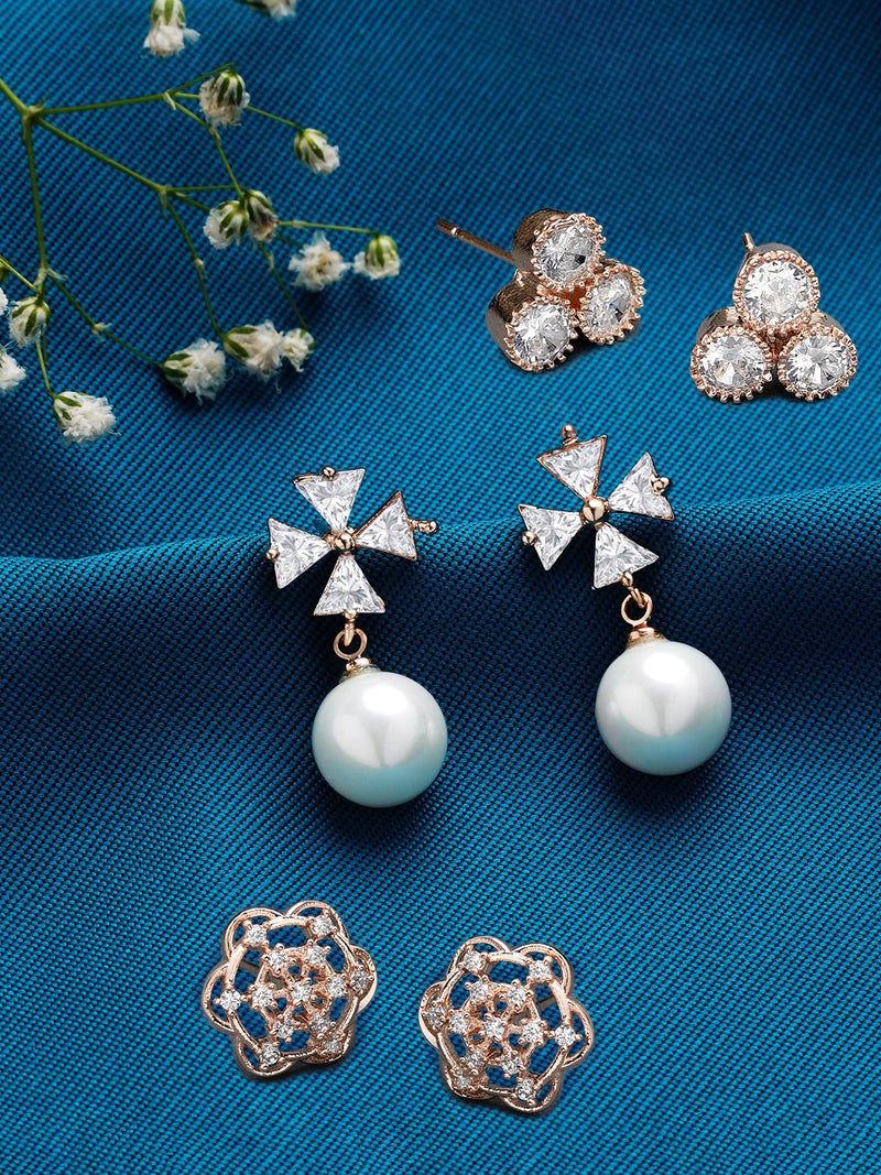 Zaveri Pearls Set of 3 Rose Gold Cubic Zirconia Contemporary Stud Earrings For Women-ZPFK13444 - Image 2
