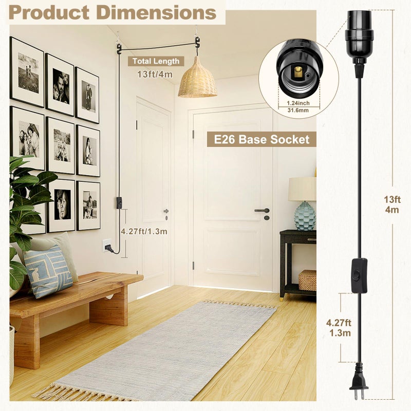 DiCUNO Extension Hanging Lantern Cord Cable, E26 Pendant Light Lamp Socket, On-Off Switch Close to Polarized Plug, 13 Feet, Medium Base for Grow, Plant, Ceiling Lights Fixture, Black, 1 Pack - Image 2