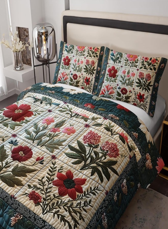 Tuzaovy Flower Print Comforter Bedding Set Queen Size,Soft Floral Plant Retro Quilts Queen for Adults,Floral Green Quilt Bedding Set Bedroom Decor,Cute Flower Plant Pattern Comforter Room Decor - Image 5
