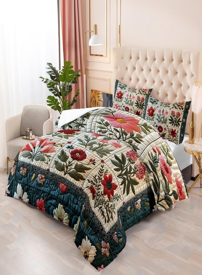 Tuzaovy Flower Print Comforter Bedding Set Queen Size,Soft Floral Plant Retro Quilts Queen for Adults,Floral Green Quilt Bedding Set Bedroom Decor,Cute Flower Plant Pattern Comforter Room Decor - Image 4