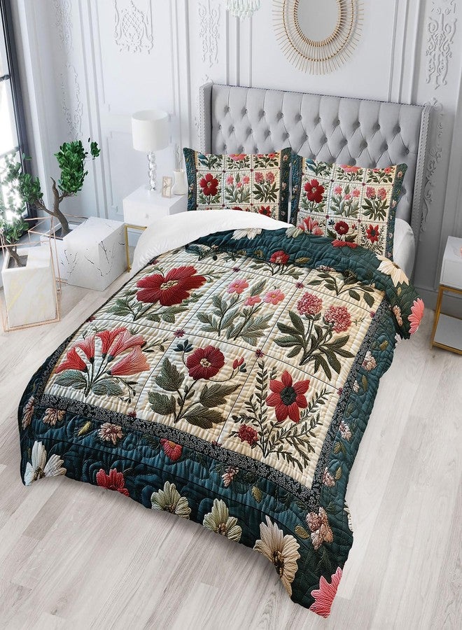 Tuzaovy Flower Print Comforter Bedding Set Queen Size,Soft Floral Plant Retro Quilts Queen for Adults,Floral Green Quilt Bedding Set Bedroom Decor,Cute Flower Plant Pattern Comforter Room Decor - Image 2