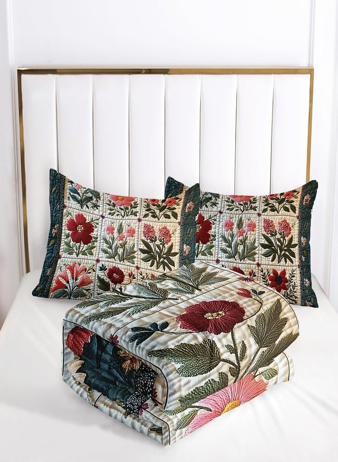 Tuzaovy Flower Print Comforter Bedding Set Queen Size,Soft Floral Plant Retro Quilts Queen for Adults,Floral Green Quilt Bedding Set Bedroom Decor,Cute Flower Plant Pattern Comforter Room Decor - Image 3