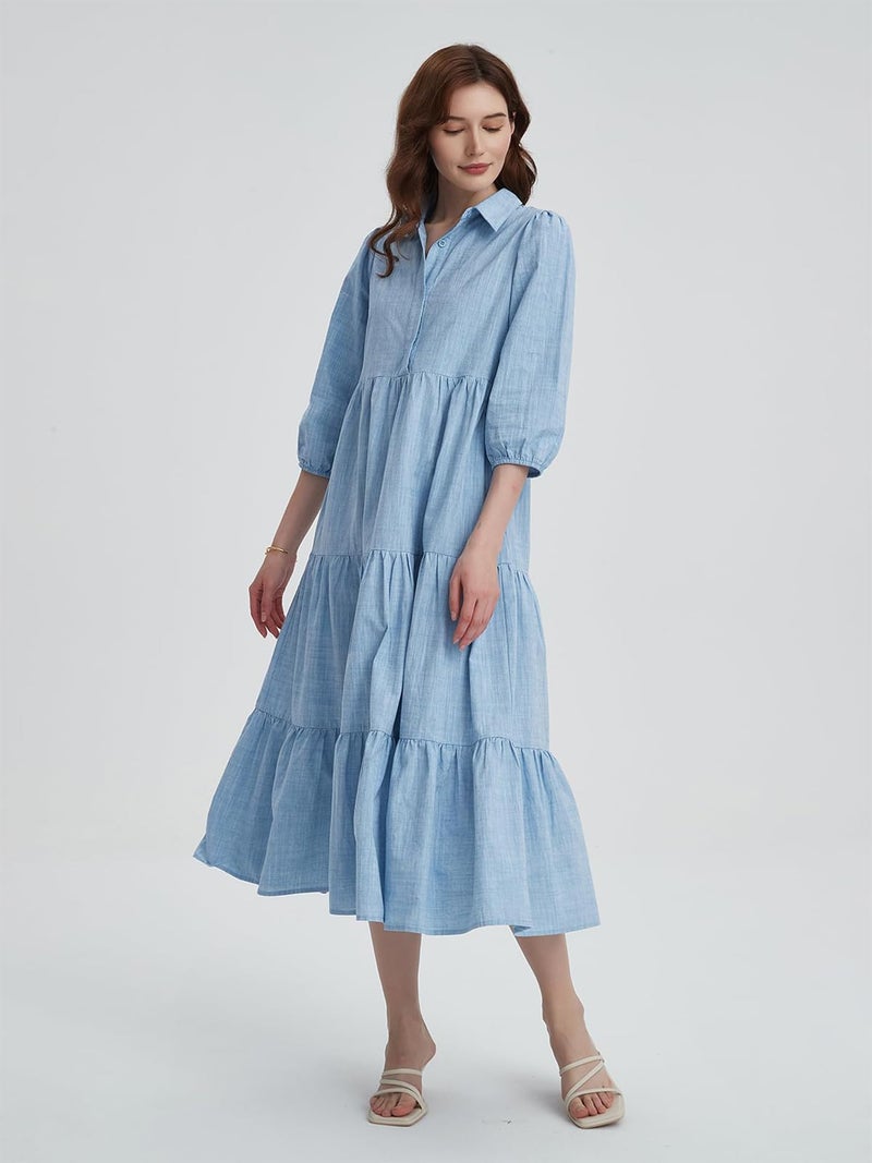 YEXPINE Women's Summer Maxi Dress Casual Button Up Cotton Linen Dress Smocked Flowy Tiered Long Beach Sun Dresses - Image 4