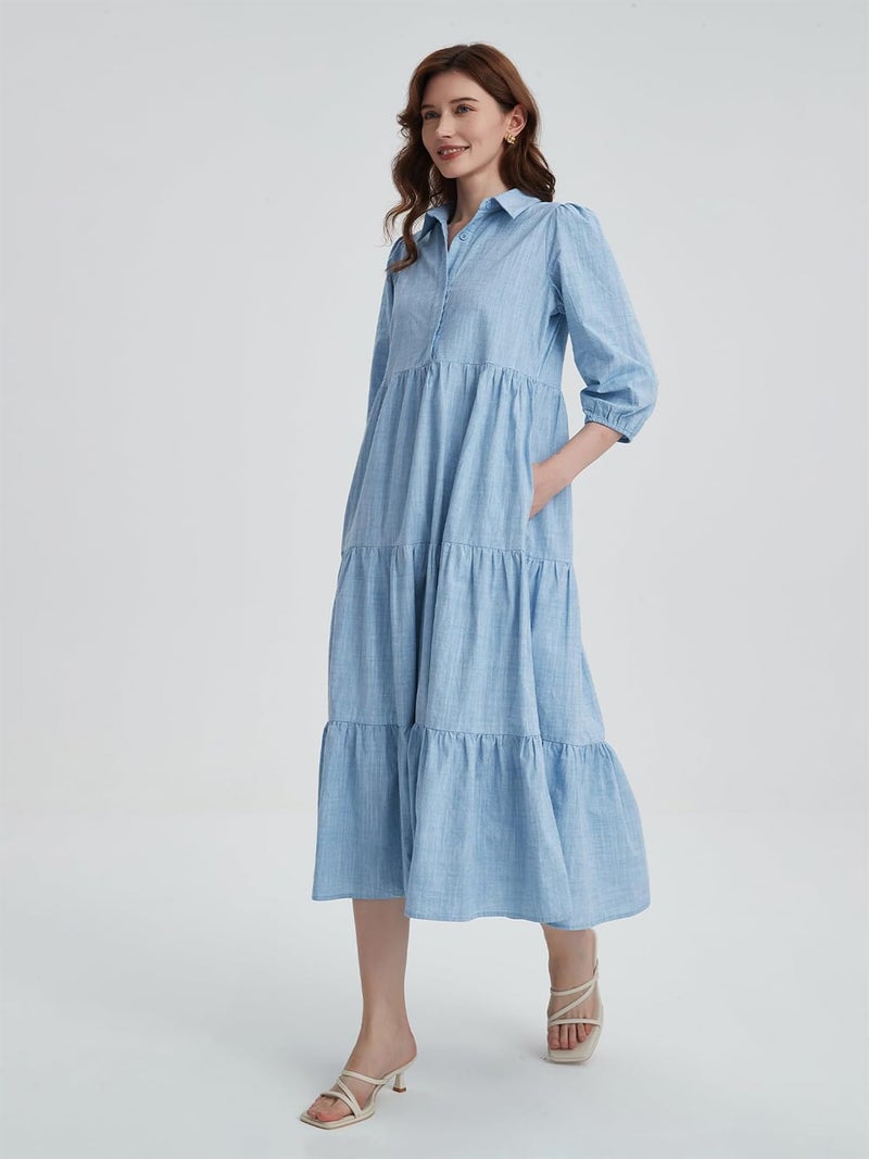 YEXPINE Women's Summer Maxi Dress Casual Button Up Cotton Linen Dress Smocked Flowy Tiered Long Beach Sun Dresses - Image 5