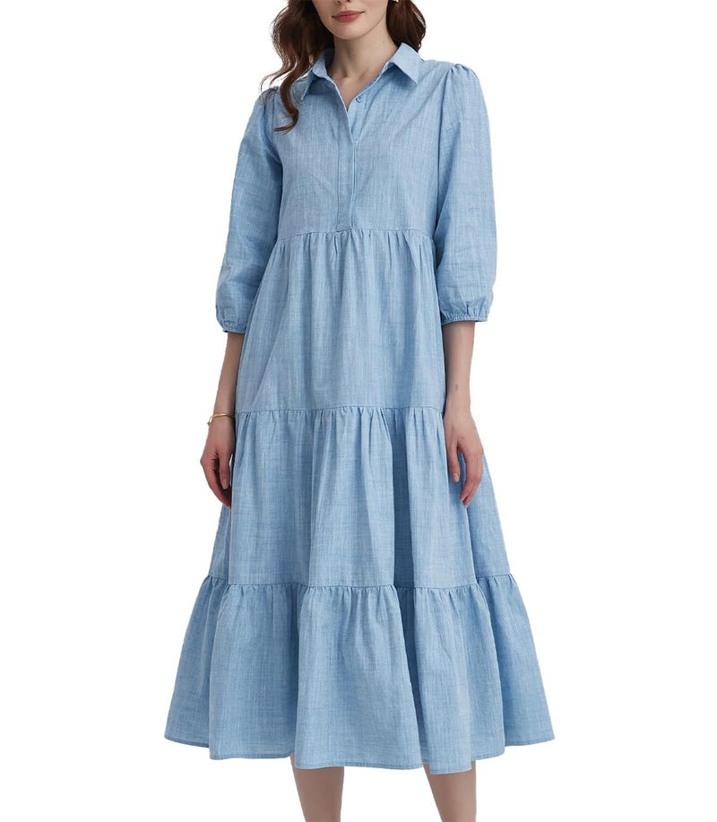 YEXPINE Women's Summer Maxi Dress Casual Button Up Cotton Linen Dress Smocked Flowy Tiered Long Beach Sun Dresses - Image 1