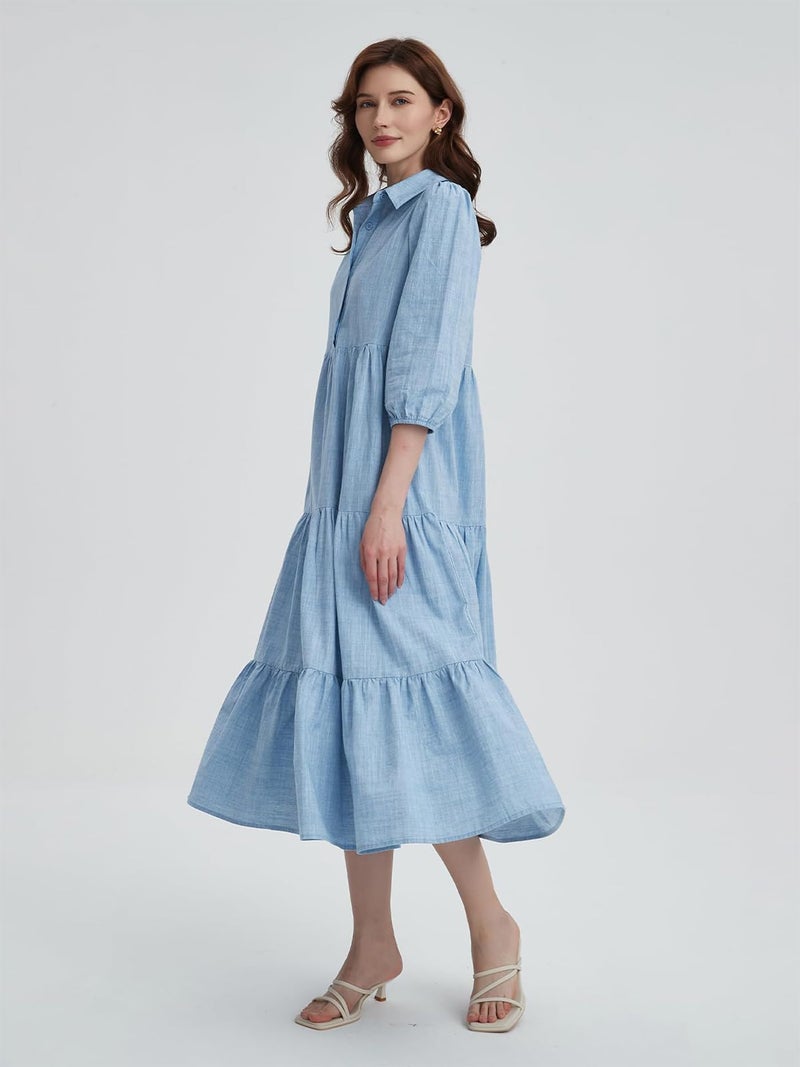 YEXPINE Women's Summer Maxi Dress Casual Button Up Cotton Linen Dress Smocked Flowy Tiered Long Beach Sun Dresses - Image 3
