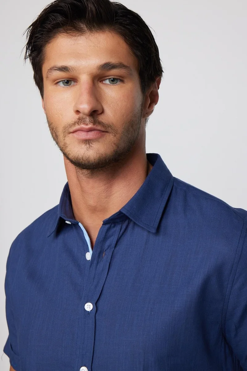 Tudors Slim Fit Short Sleeve Pocket Piping Flam Cotton Navy Blue Men's Shirt