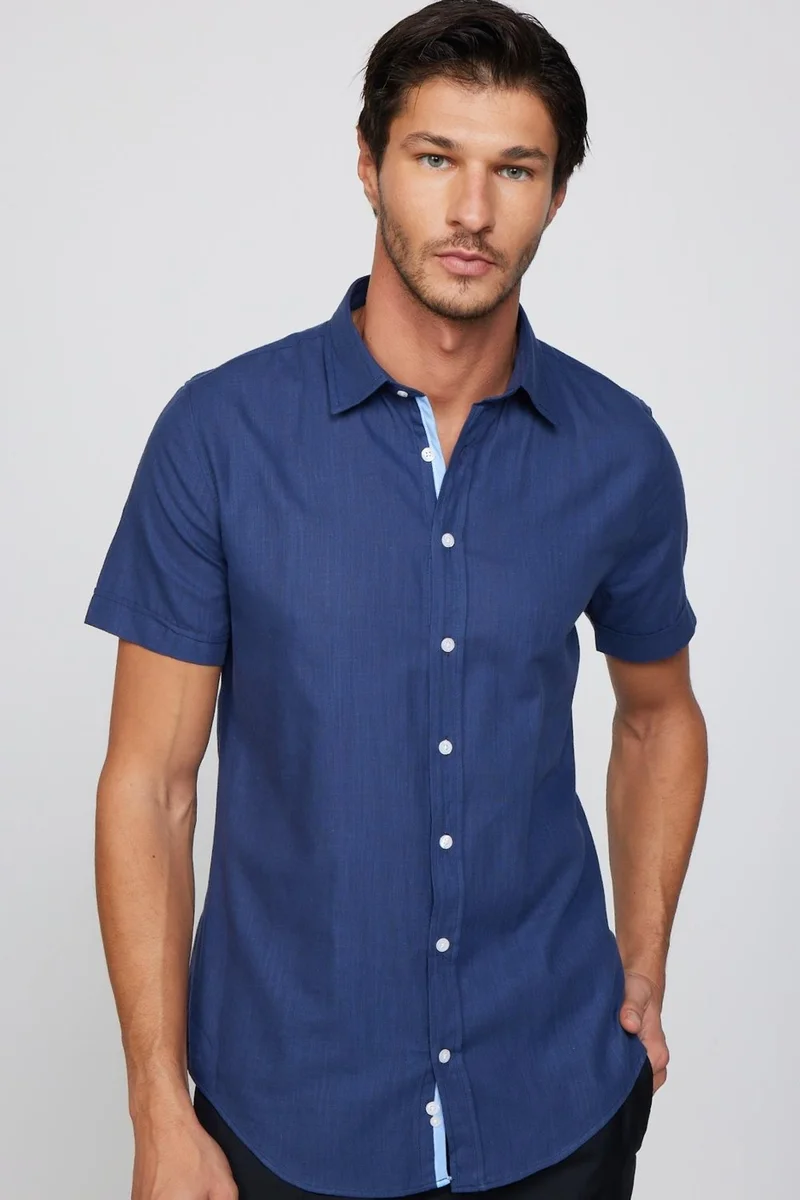 Tudors Slim Fit Short Sleeve Pocket Piping Flam Cotton Navy Blue Men's Shirt