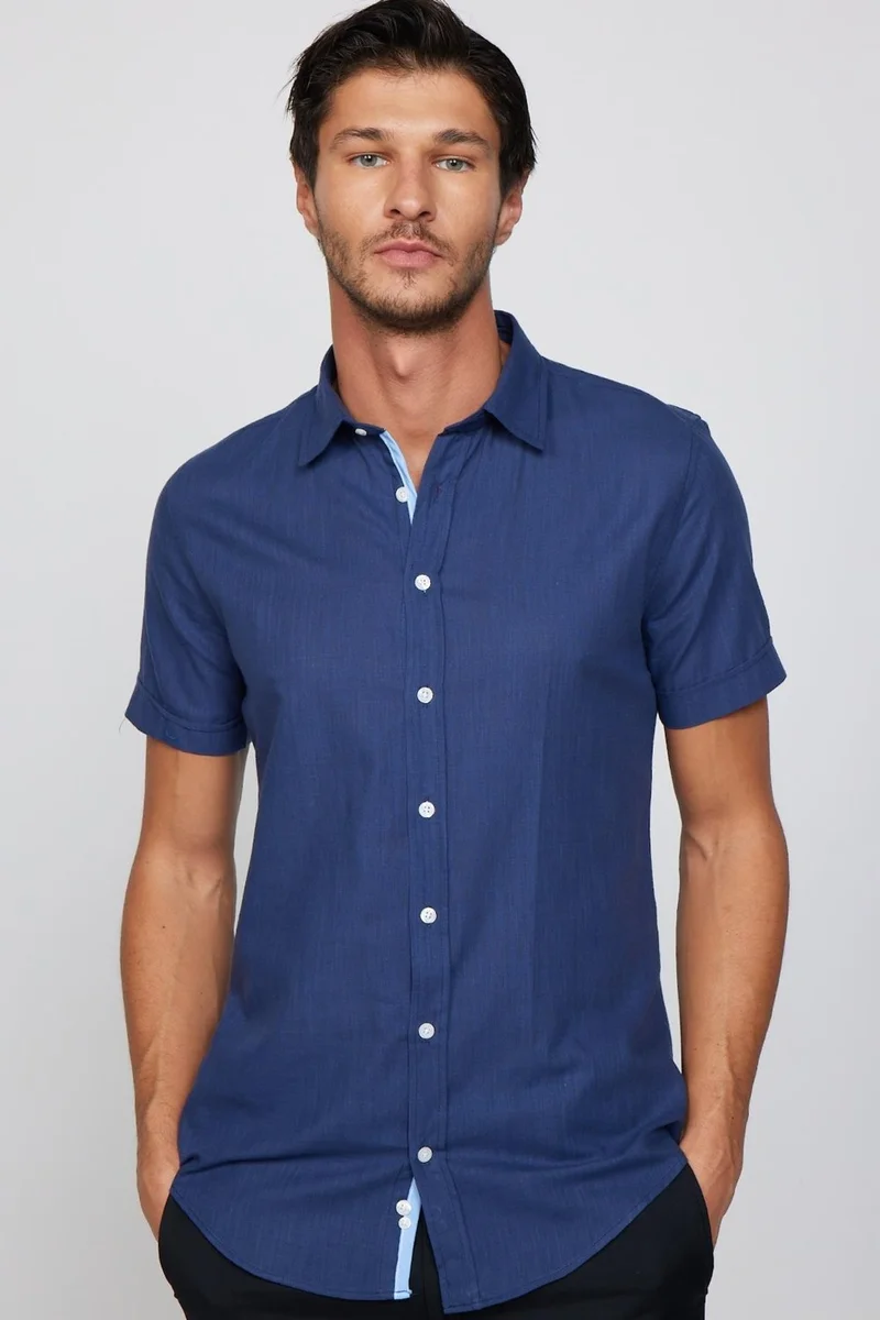تودورس Slim Fit Short Sleeve Pocket Piping Flam Cotton Navy Blue Men's Shirt